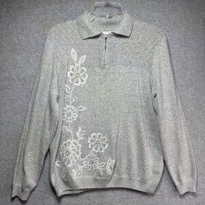 Alfred Dunner Sweater Women’s Medium Gray Embellished Floral Beaded 1/4 Zip
